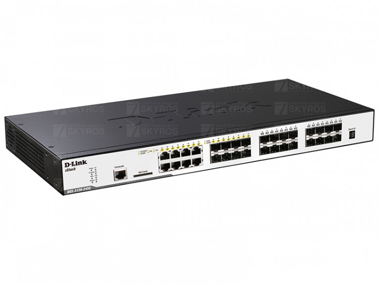 DL-DGS-3120-24SC/B1AEI Управляемый стекируемый коммутатор уровня 2+ с 16 портами 100/1000Base-X SFP, 8 комбо-портами 100/1000Base-T/SFP и 2 портами 10GBase-CX4