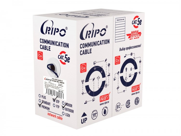 Кабель Ripo Premium UTP 4 пары (КСВПП -5е 4*2*0.52), Кат.5e (Класс D), 100МГц, одножильный, жила 0,52мм, BC (чистая медь), внешний, PE до -50C, черный, Fluke test - pass, 305м Кабель UTP 4 CAT5E 24AWG Cu outdoor Ripo Premium, 305м.,Fluke test