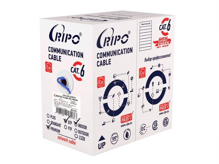 Кабель Ripo Premium UTP 4 пары (КСВПВ -6 4*2*0.58), Кат.6 (Класс E), 23AWG, 100МГц, одножильный, жила 0,58мм, BC (чистая медь), внутренний, PVC нг(B), синий, Fluke test - pass, 305м, Гарантия - 26 лет. Кабель UTP 4 CAT6 23AWG Cu Ripo Premium, Fluke test, синий 0.58
