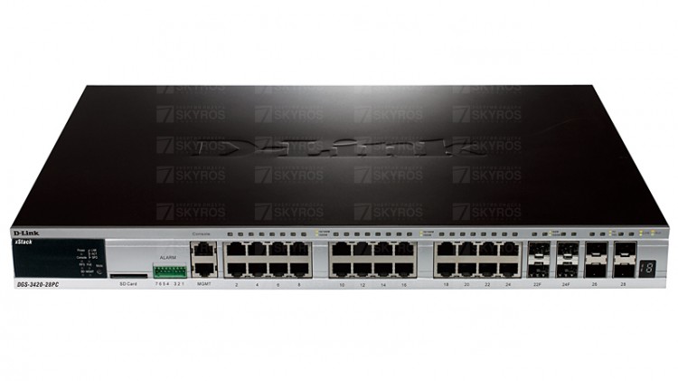 DL-DGS-3420-28PC Коммутатор управляемый стекируемый L3 с 20 портами 10/100/1000 Base-T и питанием PoE+ до 370Вт