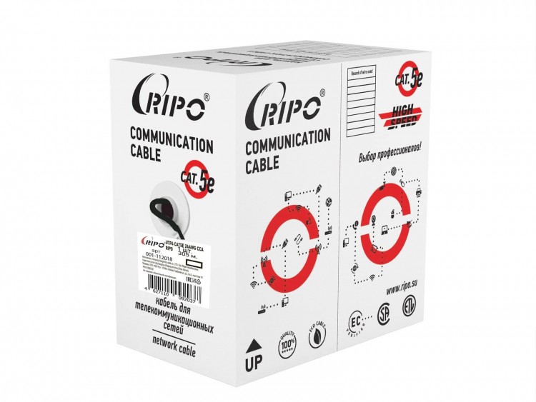 Кабель Ripo UTP 4 пары, Кат.5e (Класс D), 24AWG, 100МГц, одножильный, BC (медь), внешний, PE до -50C, черный, с одножильным тросом, 305м Кабель UTP4 CAT5E 24AWG Cu Ripo (outdoor) с одножильным тросом, черный, 305м